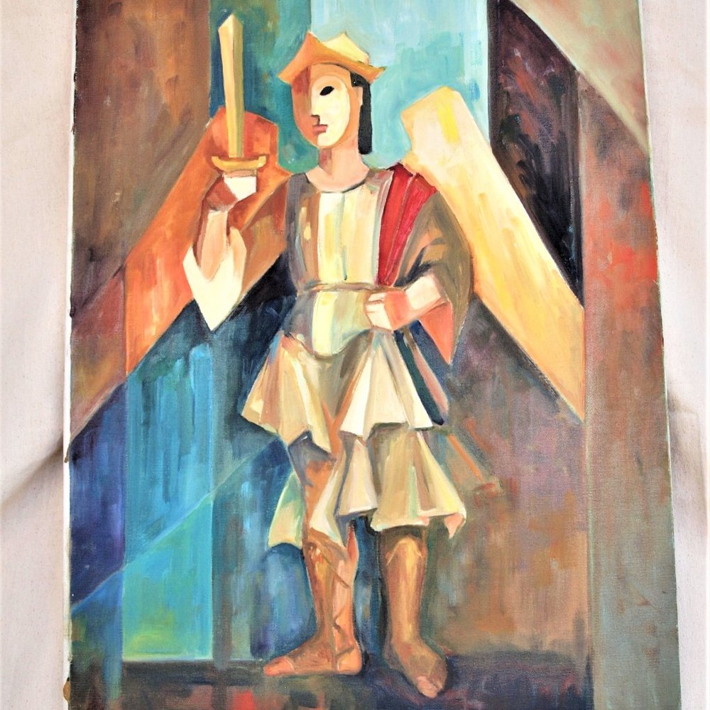 Vintage Expressionist Oil Painting of St. Michael the Archangel by Catalina Gara